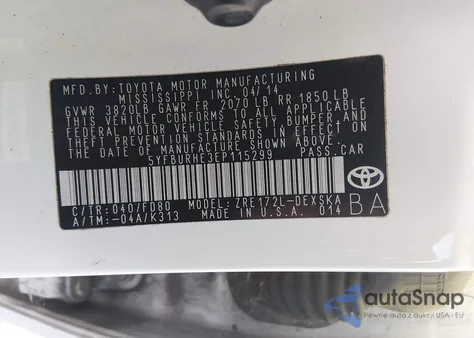 2014 Toyota Corolla S Plus z USA, uszkodzony, nr VIN 5YFBURHE3EP115299